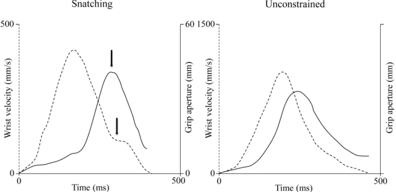 Fig 2. Superimposition of the velocity and grip profiles for the snatching and the unconstrained conditions