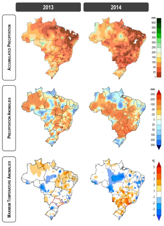 Figure 1. Climatological maps of the Brazilian territory. Maps indicate, respectively: accumulated  precipitation,  precipitation  anomalies,  and  maximum  temperature  anomalies