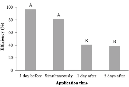 Figure 4. Efficiency (%) in reducing the lesion length in tomato stem segments treated with filtrates  of C