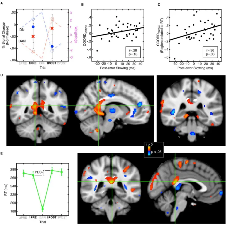 Figure 3. Relations of network coordination, post-error slowing, and the microstructural integrity of the posterior cingulum bundle