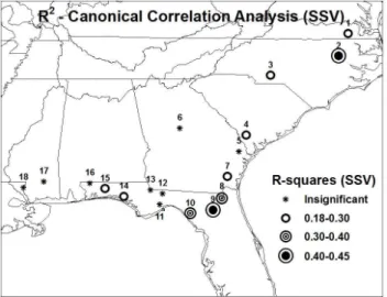 Fig. 6. Modified R 2 (based on Eq. 3) of CCA model predicted TN loadings obtained using PCs of forecasted precipitation under SSV.