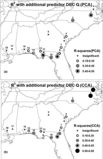 Fig. 7. R 2 (based on Eq. 3) of PCR (a) and CCA (b) model pre- pre-dicted TN loadings obtained using both PCs of forecasted  precipi-tation and December streamflow under SSV.