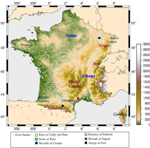 Fig. 1. Orography (m), hydrographic network over France, and location of gauging stations for catchment case studies.