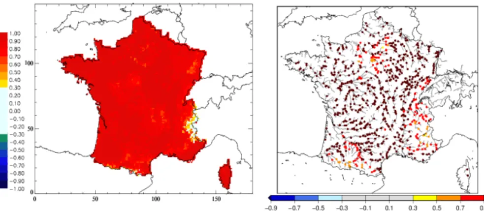 Fig. 5. Correlation maps of SWI (left) and river flows (right) between the RIS experiment and the SIM reanalysis reference run for the spring season