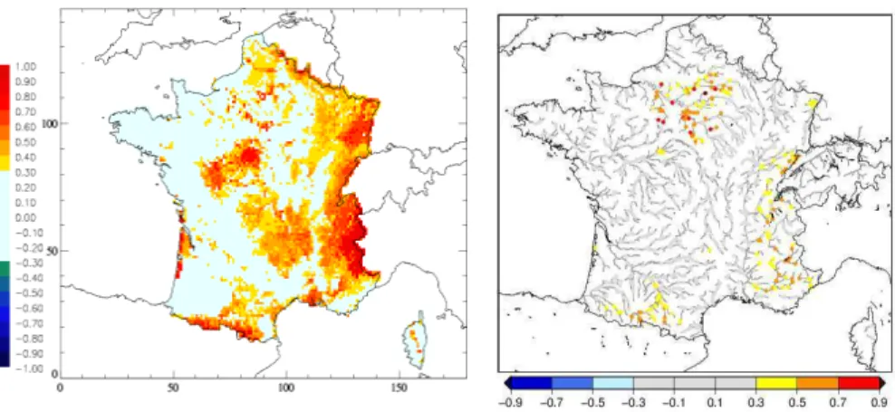 Fig. 6. Correlation maps of SWI (left) and river flows (right) between Hydro-SF and the SIM reanalysis reference run for the spring season