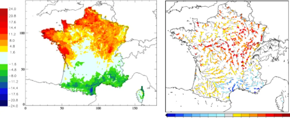 Fig. 7. Maps of Student variable of the di ff erence of correlation (cf. Appendix B) between Hydro-SF and the RAF experiment for SWI (left) and river flows (right) for spring.
