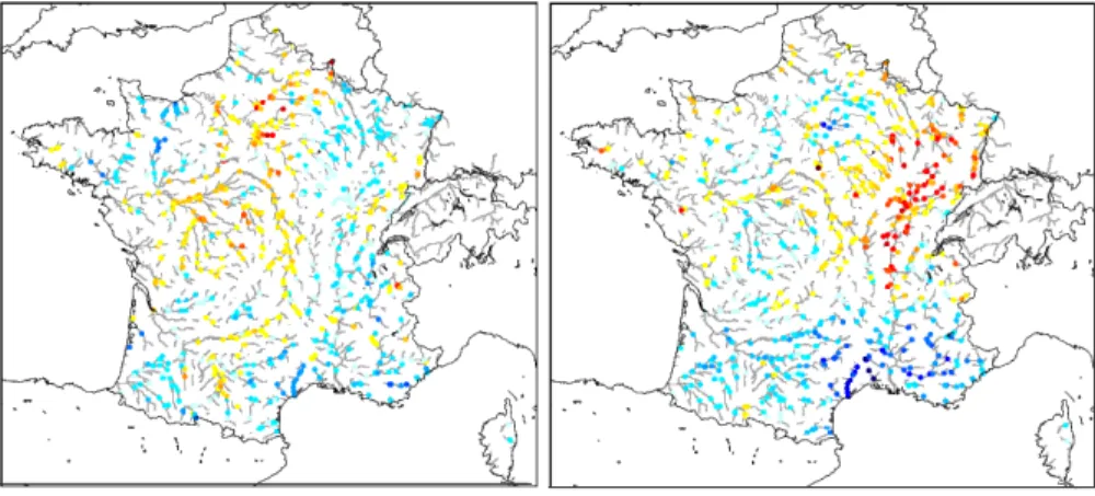 Fig. 9. Maps of Student variable of Brier Skill Score Eq. (B1) for river flows between Hydro-SF and the RAF experiment for the spring season