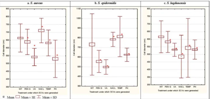 Figure  2.    Mean  cell  sizes  assessed  by  SEM  (n&gt;300)  of  WT  cells  and  corresponding  SCV  cells  of  S