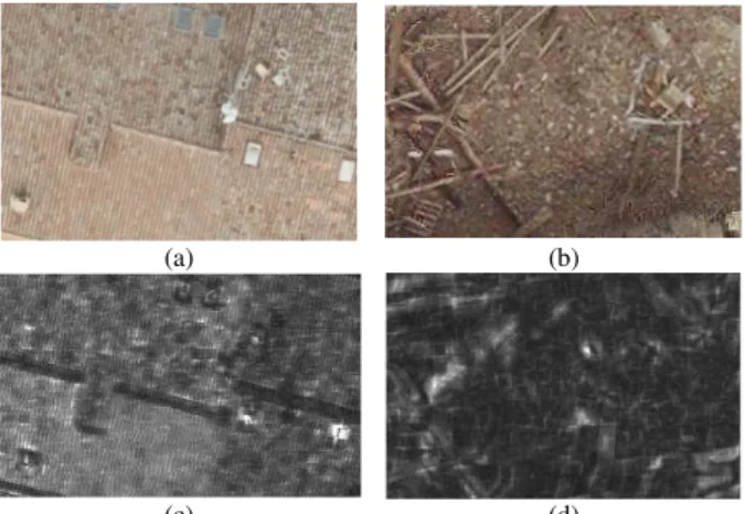 Figure  1.  Texture  (a)  and  corresponding  spectral  feature  (c)  for  a  not- not-damaged  roof;  texture  (b)  and  corresponding  spectral  feature  (d)  for  a  damaged roof