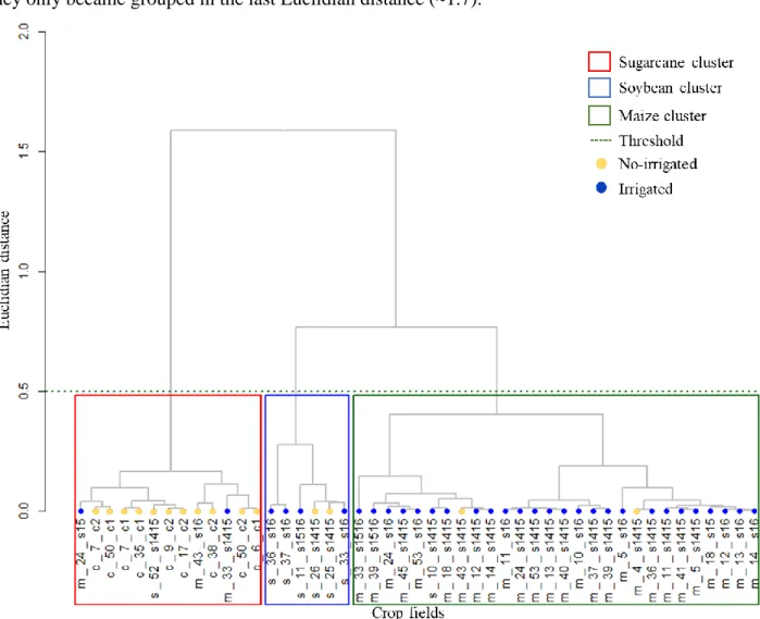Figure 5. Dendrogram of the interspecific analyses for maize, soybean and sugarcane fields based  on six OLI bands