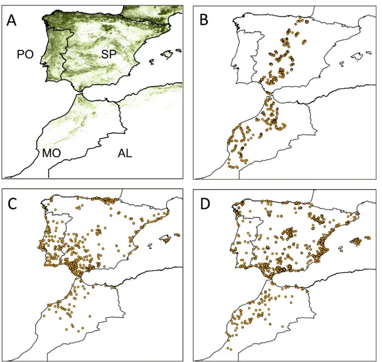Fig 2. Study area and sampling effort distribution. A. Distribution of tree cover and political division of the study area