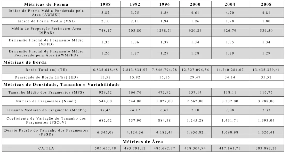 Tabela 5: Multitemporal do cálculo das métricas geradas a partir do FRAGSTAT para o município de Riachão das Neves