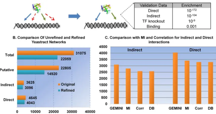 Figure 2. Refining regulatory interaction data in yeast using GEMINI. A. GEMINI was evaluated for its ability to preferentially retain the gold- gold-standard interactions (blue edges) and the indirect interactions (green edges)