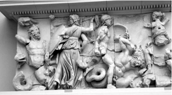 Figure 1. Relief from the Altar of Zeus at Pergamon, Hecate fights against Clytius (left); Artemis against Otos (right),  c