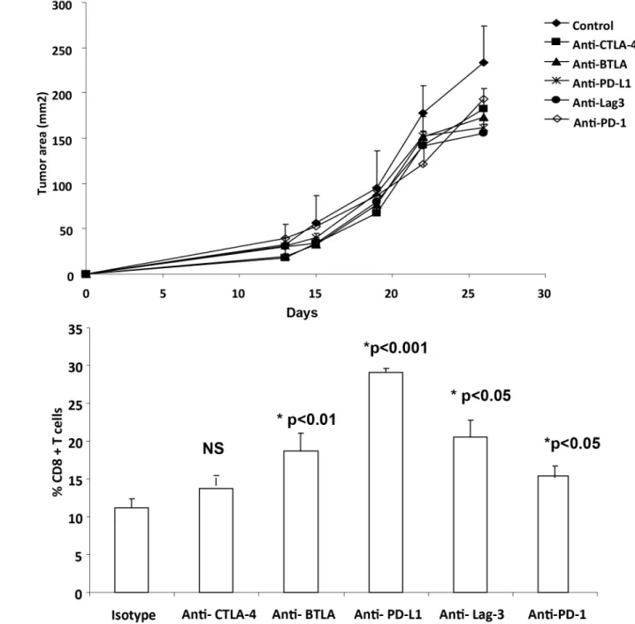 Fig 3. Inhibitory immune checkpoint blockade delays tumor growth in MC-38 tumor bearing mice