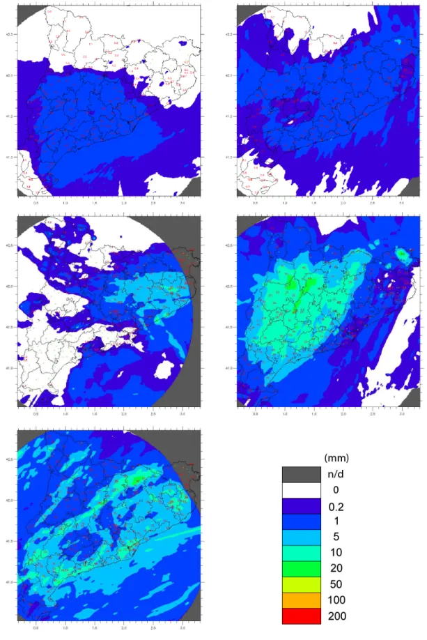 Figure 2. 24-hour precipitation accumulation of the days: a) (upper left) 2.1.08, b) (upper middle) 3.1.08, c) (upper right) 22.3.08, d) (bottom left) 20.4.08 and e) (bottom middle) 12.7.08