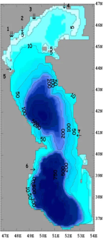 Fig. 3. Bottom topography of the Caspian Sea (depths in meters) used in the model. Arrows indicate locations of open lateral boundaries, which include branches of the Volga river: 1 – Bakhtemir (Volga); 2 – Kamyzjak (Volga); 3 – Buzan (Volga), and 4 – Ural