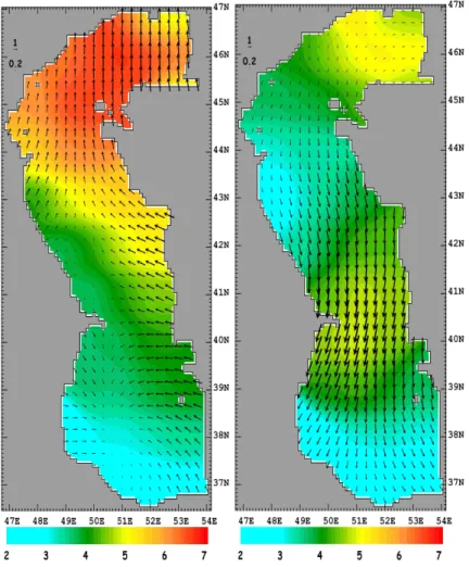 Fig. 6. Monthly mean wind velocity vectors and wind speed isolines in (a) December and (b) July 1982, based on the ECMWF ERA15 data set