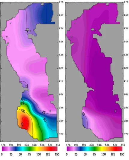 Fig. 7. Precipitation (mm/month) in (a) January and (b) August of 1982, based on the ECMWF ERA15 data set.