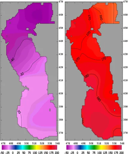 Fig. 8. Surface net radiation flux (Wm − 2 ) in (a) December and (b) June of 1982, based on the ECMWF ERA15 data set.