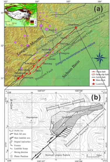 Figure 1. Main shock of the Wenchuan earthquake: regional struc- struc-tures (a), and outline of the Donghekou landslide (b).