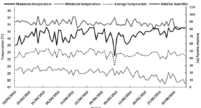 Figure 1.  Maximum,  minimum  and  average of  temperature  and relative humidity,  in the period  from  03/18/2015 to 06/08/2014 during time yield