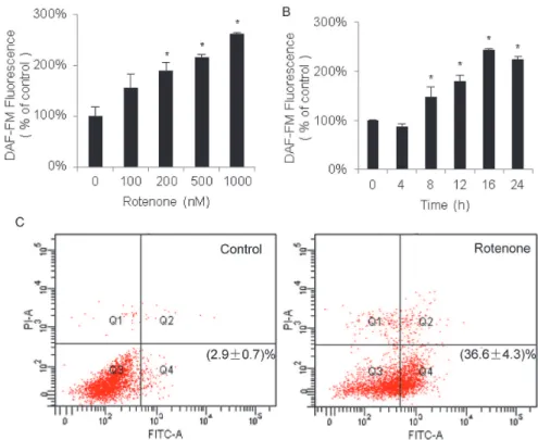 Fig 1. Phenotype changes in SH-SY5Y cells in response to rotenone treatment. The dose (A) and time (B) responses of NO generated in SH-SY5Y cells that were treated with rotenone were analyzed