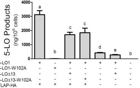 Fig 3. Impact of W102A mutations and of FLAP expression on the biosynthesis of 5-LO products.