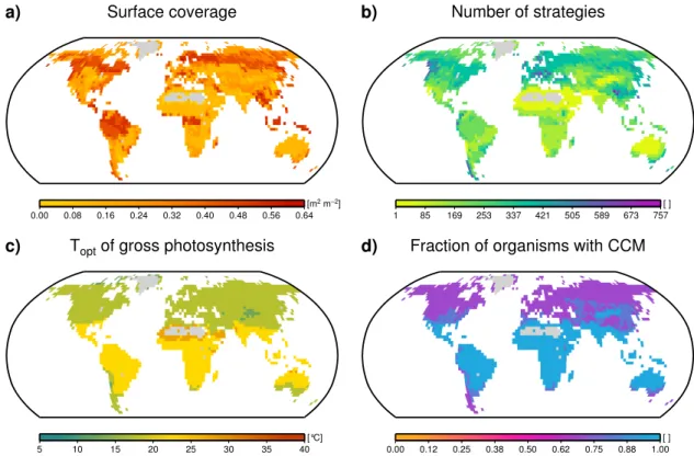 Fig. 6. Global maps of model estimates. (a) Area covered by lichens and bryophytes per m 2 ground