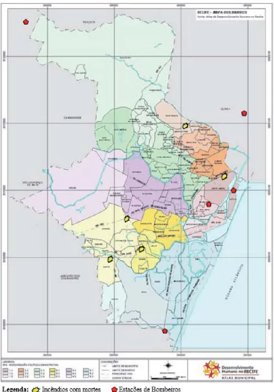 Figura 1 – Mapa do Recife, com a plotação dos Incêndios em Edifi  cações com  mortes em 2011