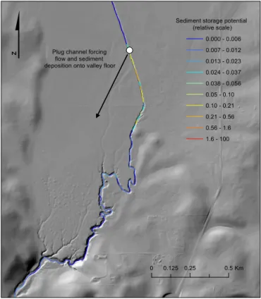 Figure 10. Estimated relative sediment storage potential for main- main-stem channels (draining areas > 2 km 2 ) based on valley width index and stream power (see text).