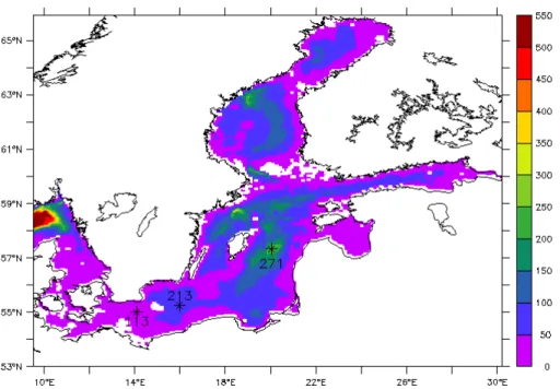 Fig. 1. Topography of Baltic Sea (unit: m) and locations of selected observation stations and station labels.