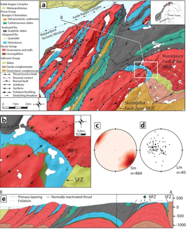 Figure 1. (a) 1 : 50 000 geological map of the northwestern part of the Repparfjord Tectonic Window