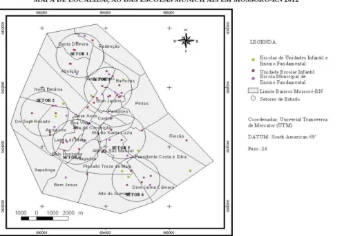 Figura 1: Mapa de Localização das Escolas Municipais Urbanas em Mossoró-RN. Fonte: Pesquisa dos autores (abril,  2013)