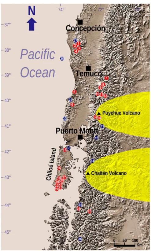 Figure 3. Extant populations of the Southern Darwin’s frog ( Rhinoderma darwinii ) in south Chile and Argentina