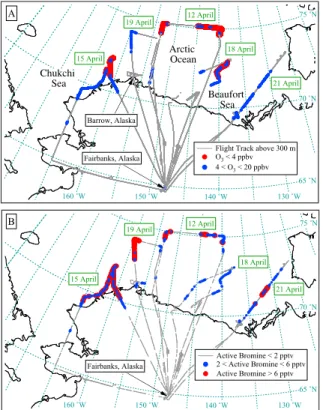 Fig. 1. (A) 1 s measurements of ozone on five WP-3D flights originating from Fairbanks, Alaska.