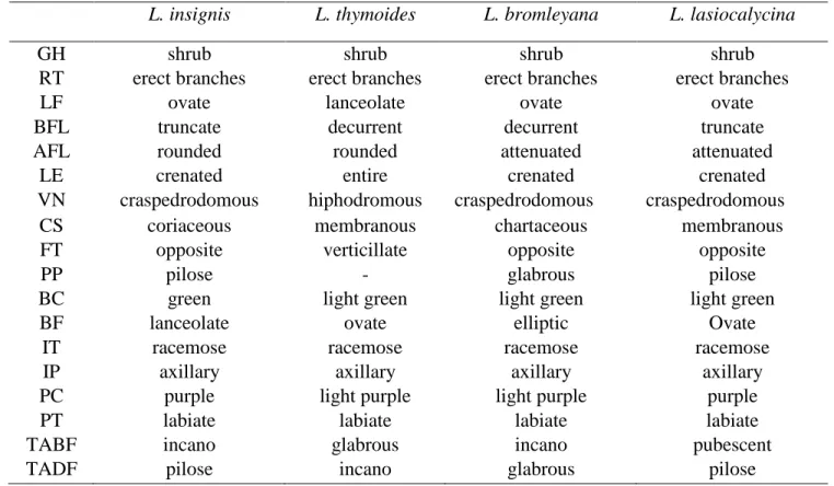Table 1. Growth habit (GH), ramification type (RT), limb format (LF), base format of the limb (BFL),  apex format of the limb (AFL), limb margin (LE), venation (VN), consistency (CS), phyllotaxis  (FT),  petiole  pilosity  (PP),  bracts  color  (BC),  brac