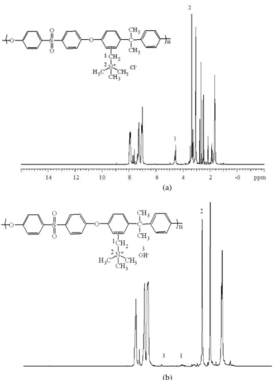 Fig. 3:  1 H NMR spectra of (a) QAPS-Cl and (b) QAPS-OH in DMSO-d6 