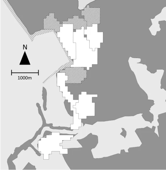 Figure 2 Map of group home ranges. Home ranges of 6 study groups (white) and 4 adjacent non-study groups (hatched)