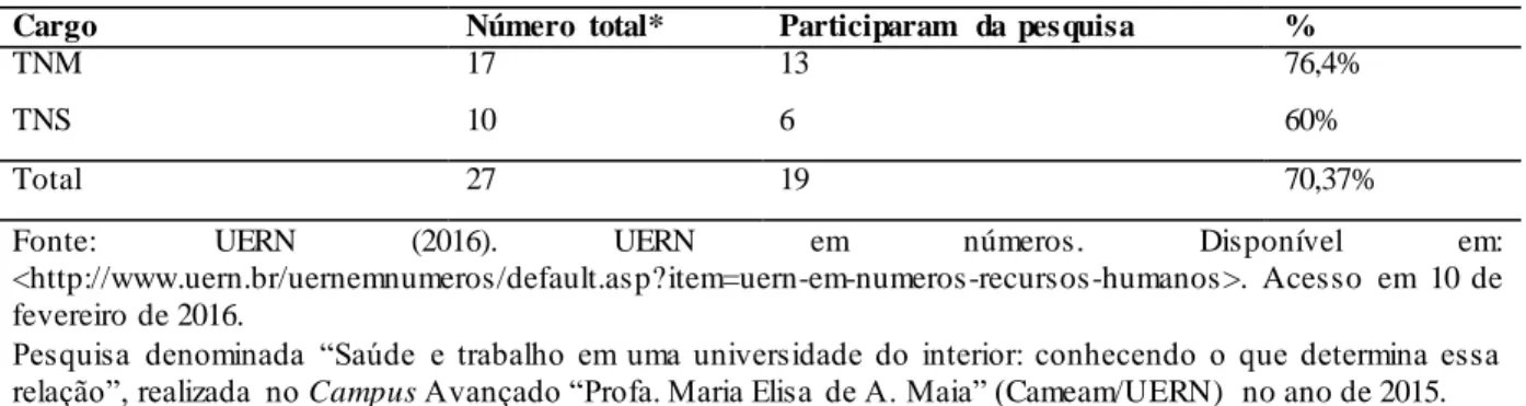 Tabela  1 - Número  de  técnicos, enquadramento  funcional  e percentual  de participantes  da  pesquisa.