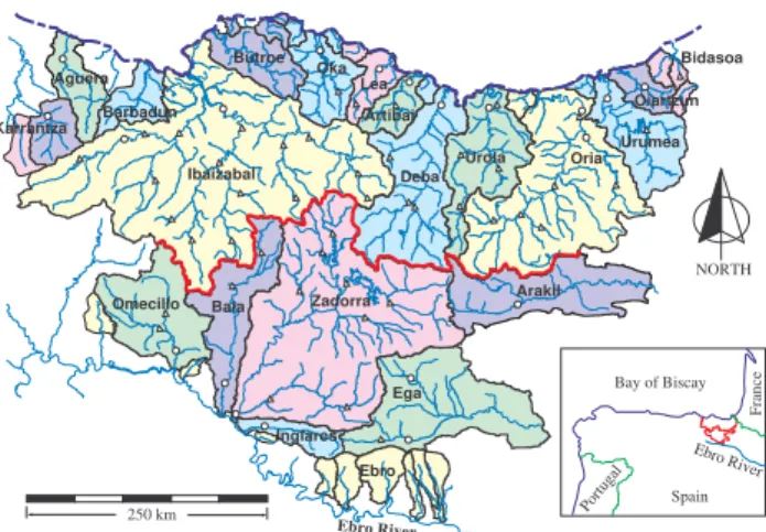 Fig. 1. Division of the study area in 21 systems (different colours) and 41 basins. Thick red line divides the study area into northern and southern basins
