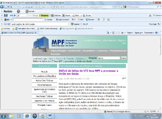 Figura 4. Homepage do MPF. Déficit de leitos de UTI leva MPF a processar a União de Goiás, 2011    