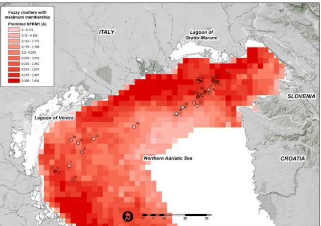 Fig 4. Predicted FKM_A memberships over the entire study area. Points show the sampling sites used in the present study