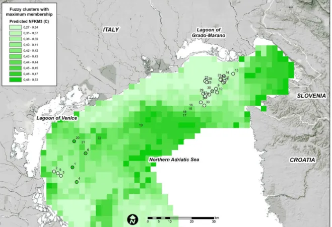 Fig 5. Predicted FKM_C memberships over the entire study area. Points show the sampling sites used in the present study