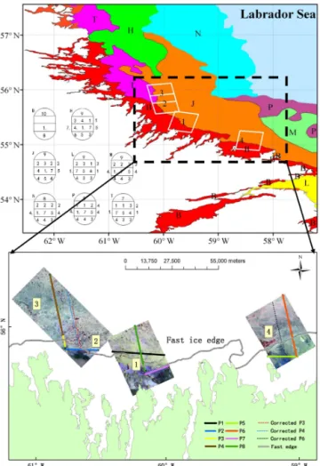 Figure 8. Location of the study site in the Labrador Sea, with Pauli RGB (HH + VV for blue, HH − VV for red, and HV for green)  de-compositions of the RADARSAT-2 images © MDA
