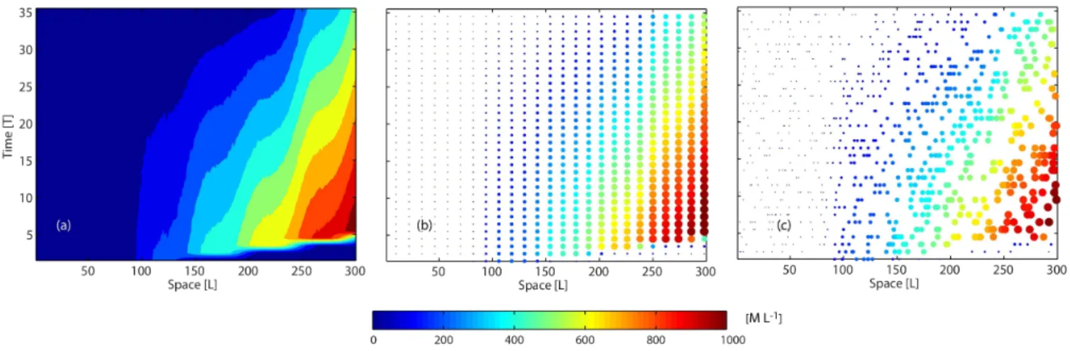 Fig. 2. Observations of the tracer obtained from the three network configurations – REF (a), HM (b), and HT (c)