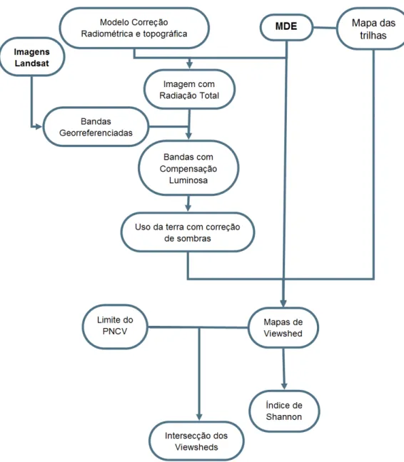 Figura 2: Diagrama das etapas para a análise de viewshed e diversidade cênica das trilhas.