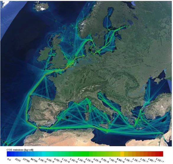 Figure 2. Predicted geographic distribution of shipping emissions of CO 2 in Europe in 2011