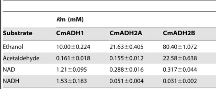 Table 1. Kinetic properties of CmADH1, CmADH2A and CmADH2B.