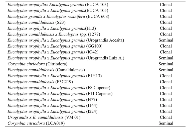Tabela  1.  Espécies,  híbridos  e  clones  de  eucalipto  utilizadas  nos  testes  de  preferência  de  Atta  laevigata  ao  carregamento  foliar  de  diferentes  regiões  no  Estado  de  Mato  Grosso,  2011